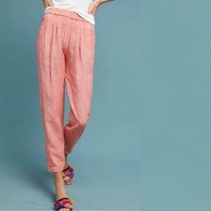 Anthropologie Striped Linen Coral Red Orange Motif Pull On‎ Pants Straight Large